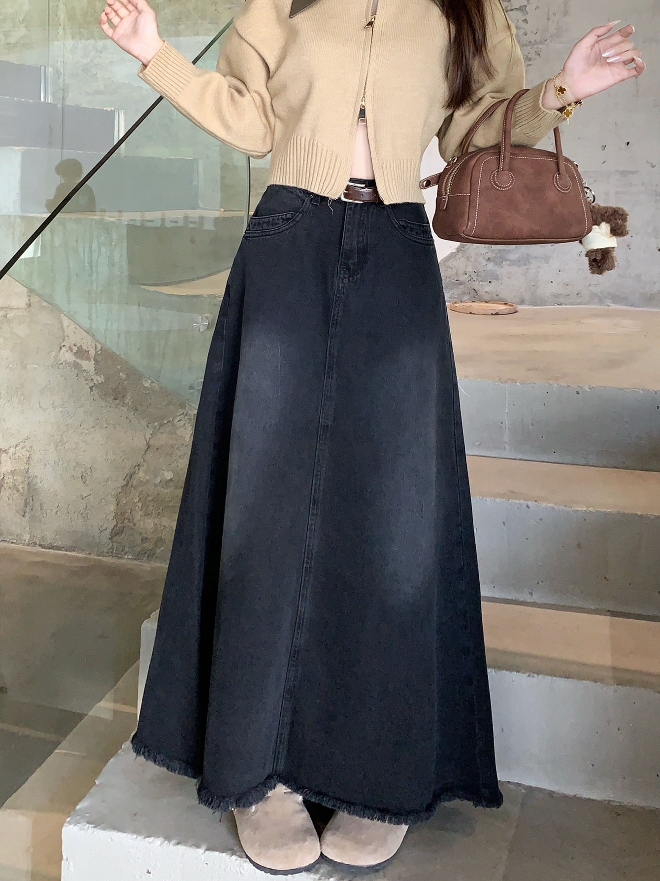 Spring And Autumn Korean Style High Waist Denim Midi Skirt Women's Retro Washed Frayed Edges 4b9da227 Bcab 4464 B219 Dd905f66454b
