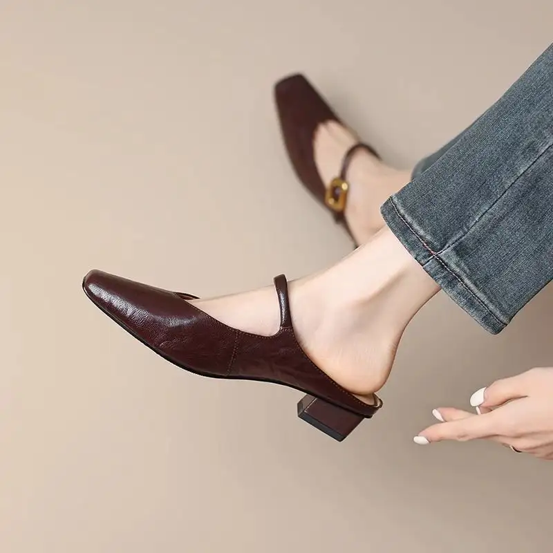 Women's Retro Square-Toe Chunky-Heel Closed-Toe Half Slippers