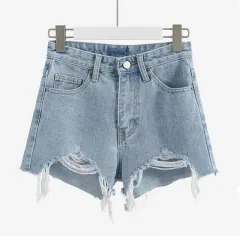 Women's Fashion Casual High Waist Ripped Tassel Raw Edge Denim Shorts - Light Blue - View 1