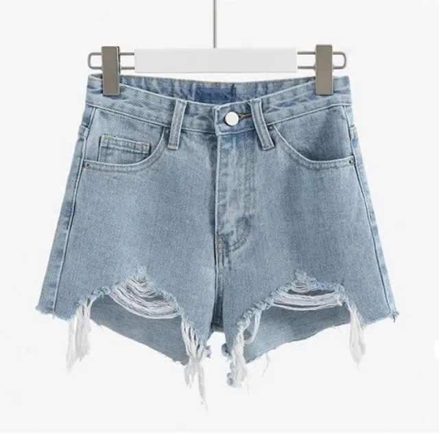 Women's Fashion Casual High Waist Ripped Tassel Raw Edge Denim Shorts Light Blue - Shop at LoveMi