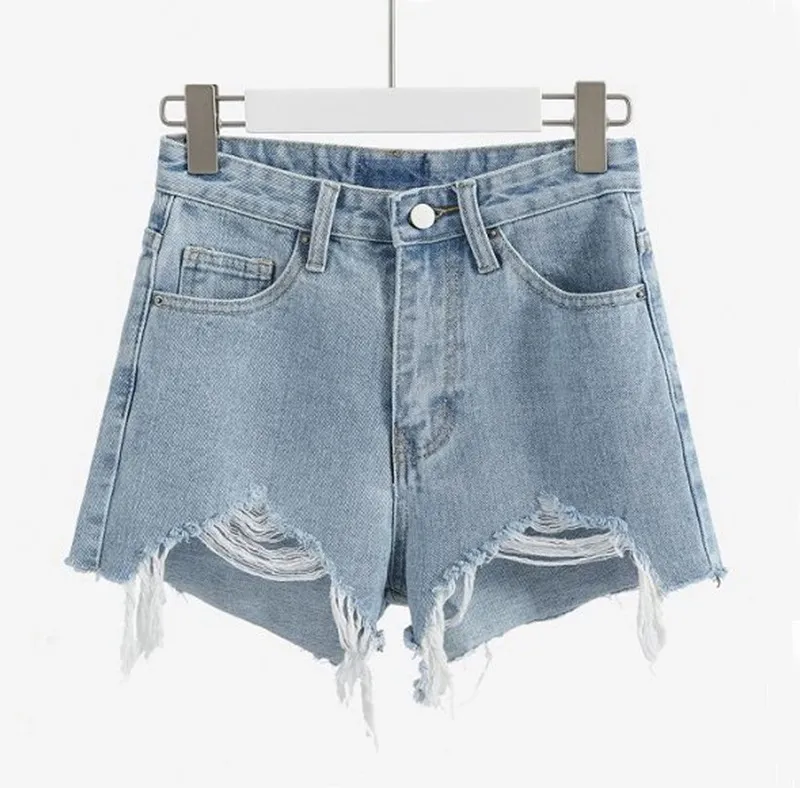 Women's Fashion Casual High Waist Ripped Tassel Raw Edge Denim Shorts - Light Blue