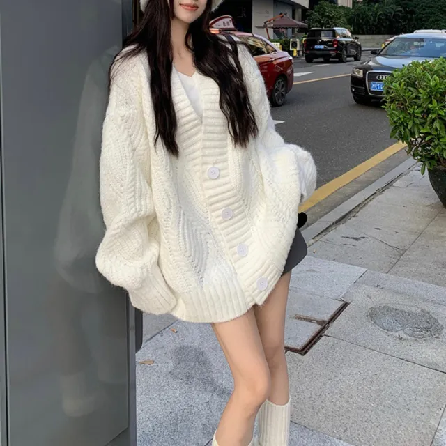 Autumn And Winter Idle Style Solid Color And V neck Long sleeved Thickened Sweater White - Shop at LoveMi