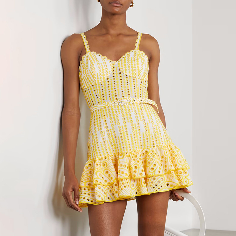 Machine Embroidery Sexy Spaghetti-strap Ruffle Dress Waist Slimming Short… — image 1
