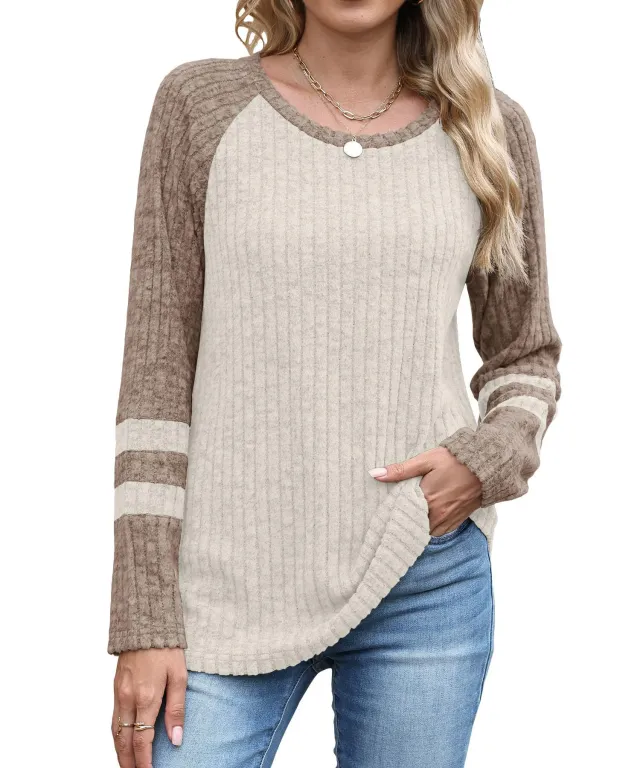 European And American Fashion Long Sleeve Contrast Color Sweater Round Neck Top Khaki - Shop at LoveMi