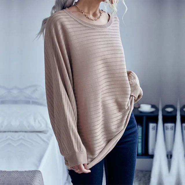 New Women's Clothing Autumn Crew Neck Mid length Loose Solid Color Batwing Sleeve Sweater Khaki - Shop at LoveMi