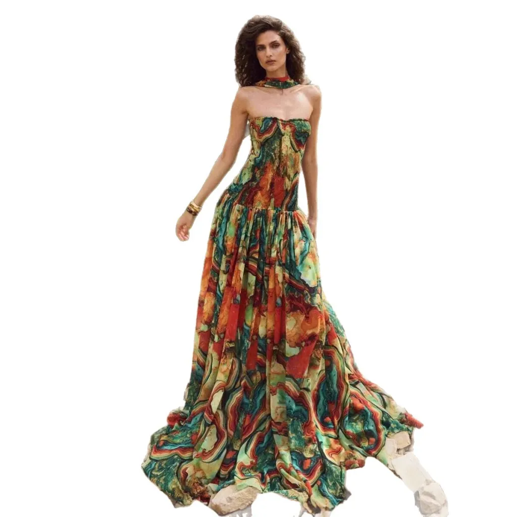 European And American Printed Smocking Wrapped Chest Slim Dress - Colorful