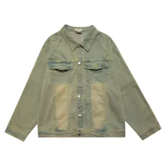 Punk Washed And Worn Mud Yellow Dyed Denim Jacket Coat - Yellow Mud Colours - View 1