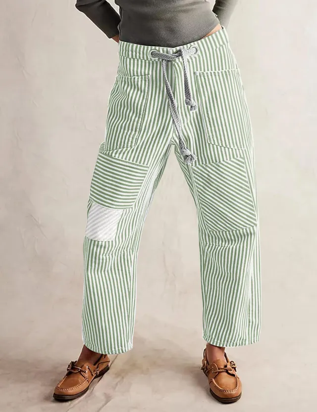 Fashion Commuter Casual Loose Wide Leg Striped Stitching Drawstring Pocket Trousers Green - Shop at LoveMi