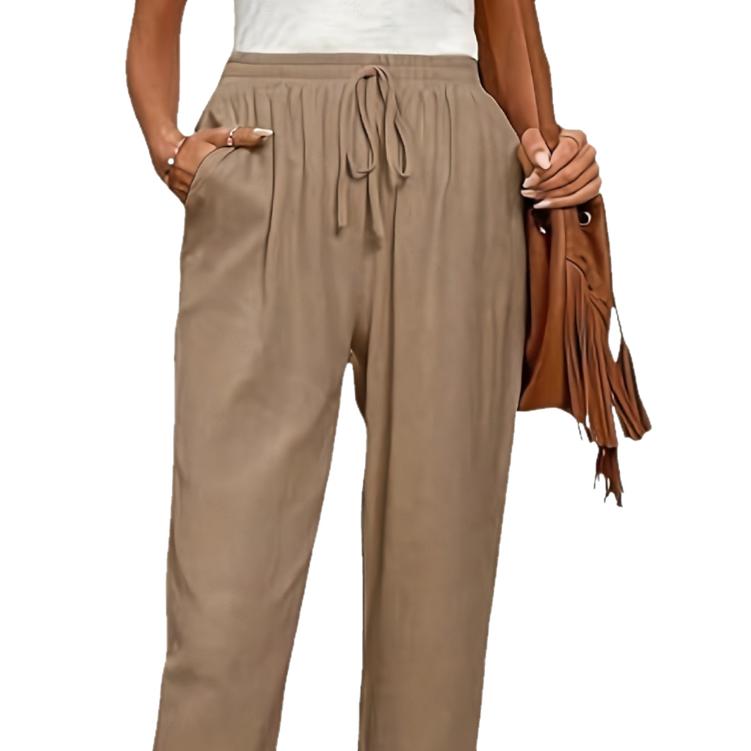 بنطلون نسائي واسع الساق برباط - لون سادة