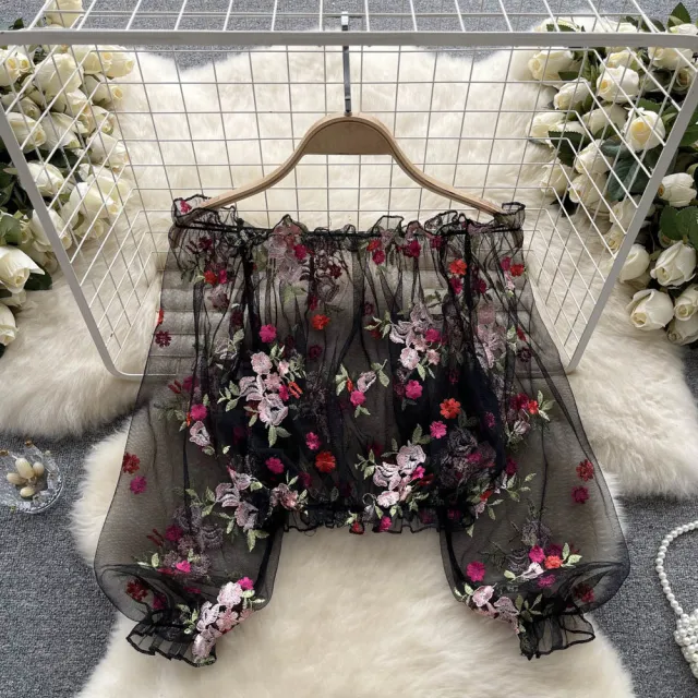 Off shoulder Mesh Embroidery Transparent Shirt Black - Shop at LoveMi