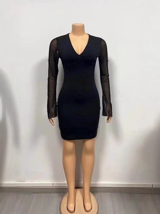 Low cut Sexy Figure hugging Mesh Sleeve Long Sleeve Dress Black - Shop at LoveMi