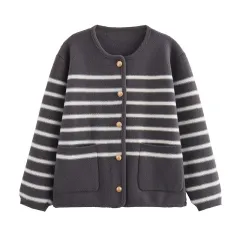 Women's Simple Black And White Horizontal Stripes Knitted Cardigan Jacket - Grey - View 1