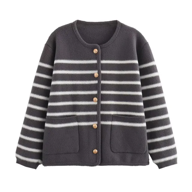 Women's Simple Black And White Horizontal Stripes Knitted Cardigan Jacket Gray - Shop at LoveMi