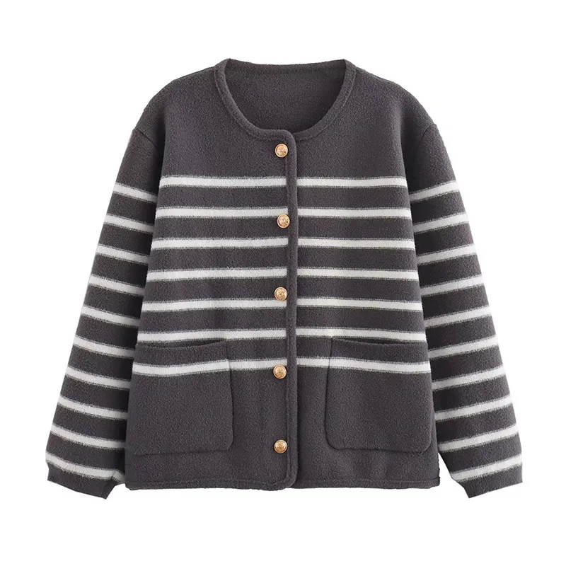 Women's Simple Black And White Horizontal Stripes Knitted Cardigan Jacket - Gray