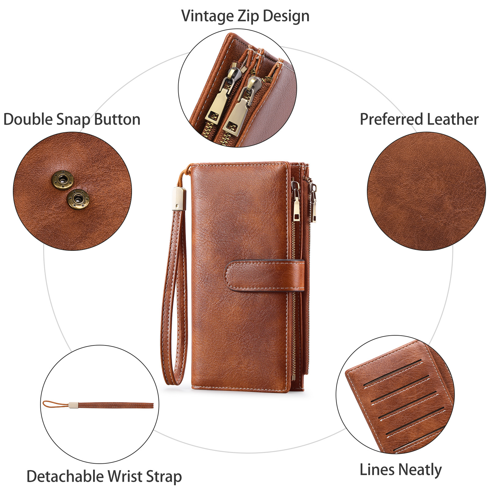 Womens Long Wallet Multi-functional Vintage Tri-fold Purse