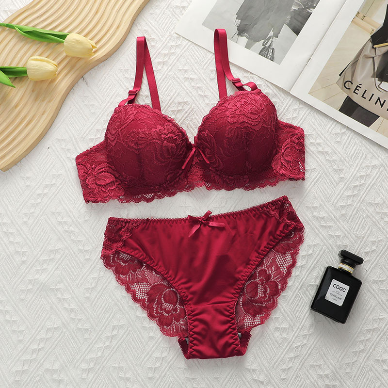 Sexy Gathered Steel Ring Lace Underwear Bra Set Wine - Shop at LoveMi