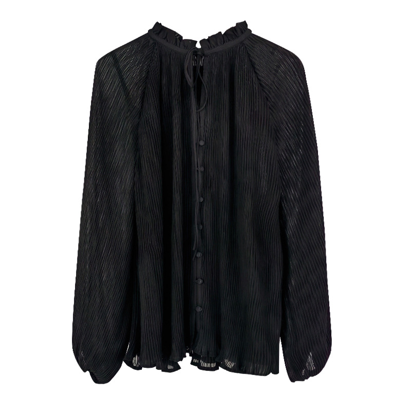 Ruffled Collar Lace-up Lantern Sleeve Pleated Shirt Top