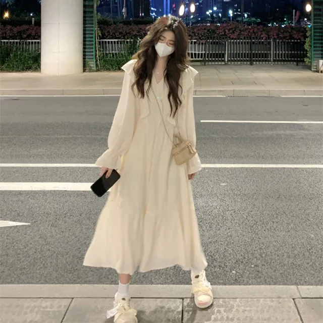 New Sweet Balloon Sleeve Dress Gentle French Slim Dress Apricot - Shop at LoveMi