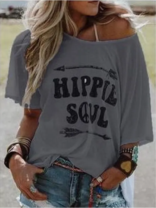 Printed T shirt Short Sleeve Loose Round neck Clothing Gray - Shop at LoveMi