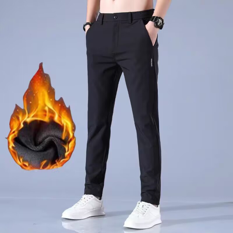 Mens Ice Silk All-Match Elastic-Waist Casual Pants With Fleece Lining For Autumn