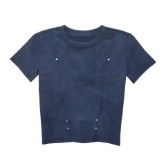 American-style Retro Fried Colour Distressed Top Round Neck Rivet Short T-shirt For Women - Dark Blue - View 1