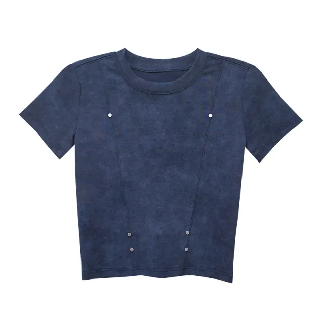 American style Retro Fried Color Distressed Top Round Neck Rivet Short T shirt For Women Blue - Shop at LoveMi
