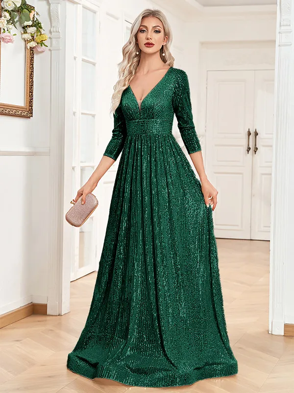 Sequined Fall V neck High Waist Party Formal Dress Dark Green - Shop at LoveMi