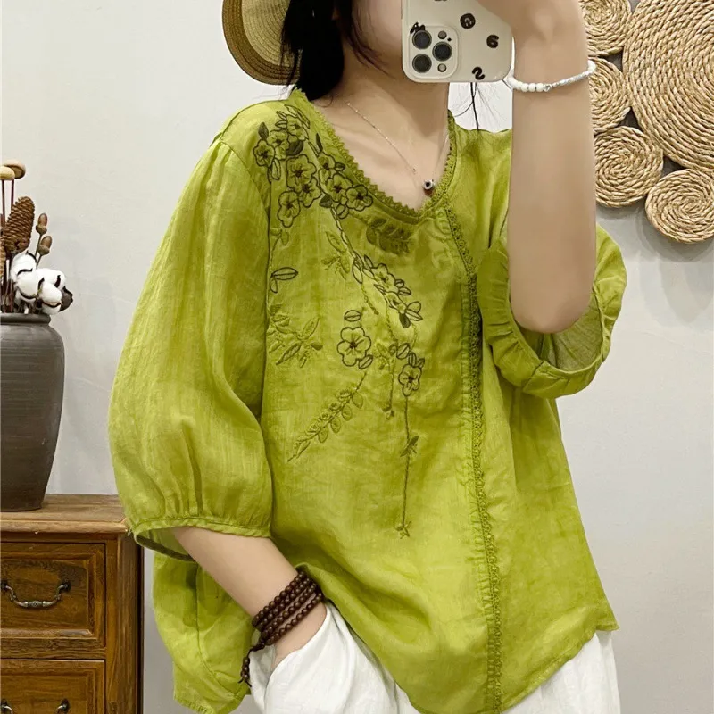Cotton And Linen Thin Embroidery T-shirt Female Art Blouse - Green