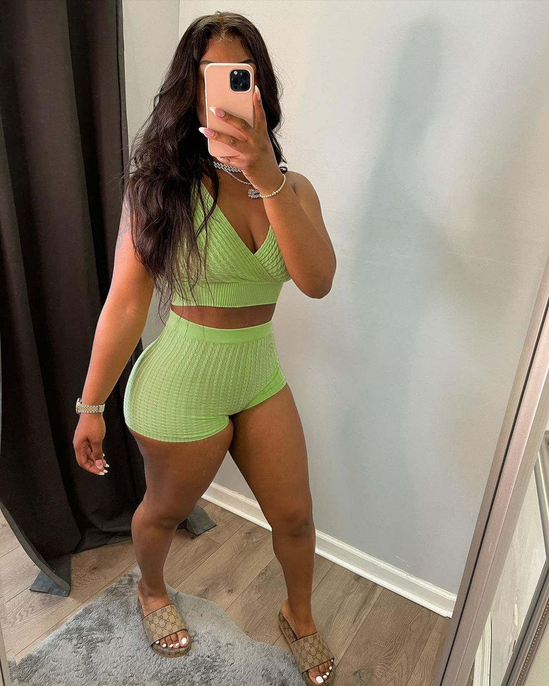 Female Solid Color Thread Bubble Vest Shorts Set Green - Shop at LoveMi