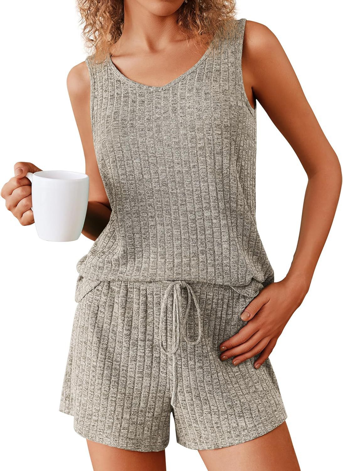 Rib Knitted Homewear Pajamas Suit Women Gray - Shop at LoveMi