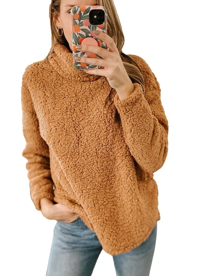 Women's Clothing New Furry Turtleneck Solid Color Hoodie Plush Top Women Camel - Shop at LoveMi