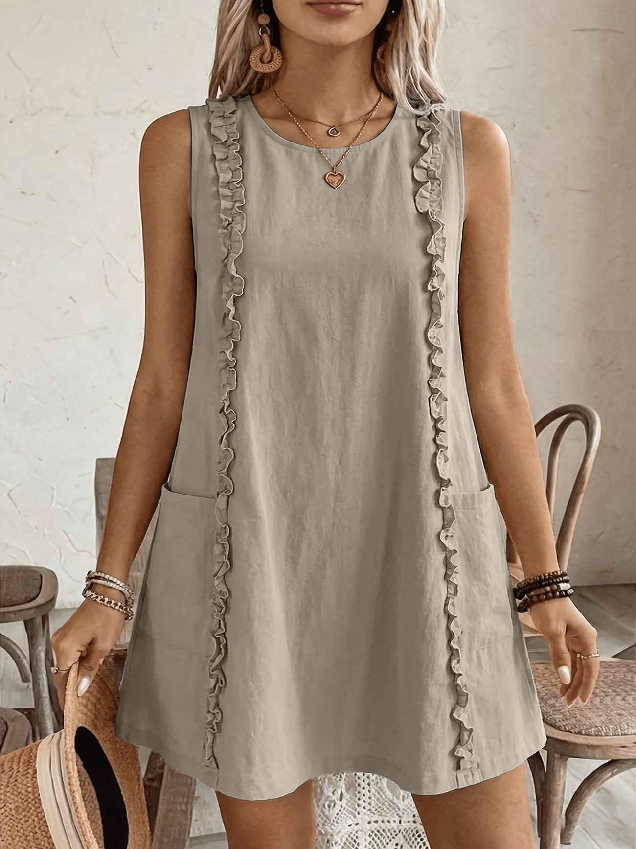 Women's ruffle midi dress in khaki – full outfit view