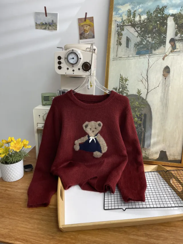 Japanese Bear Bow Cute Embroidery Autumn Winter Soft And Comfortable Sweater Wine Red - Shop at LoveMi