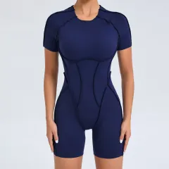 New Backless Short Sleeve One-piece - Navy Blue - View 1