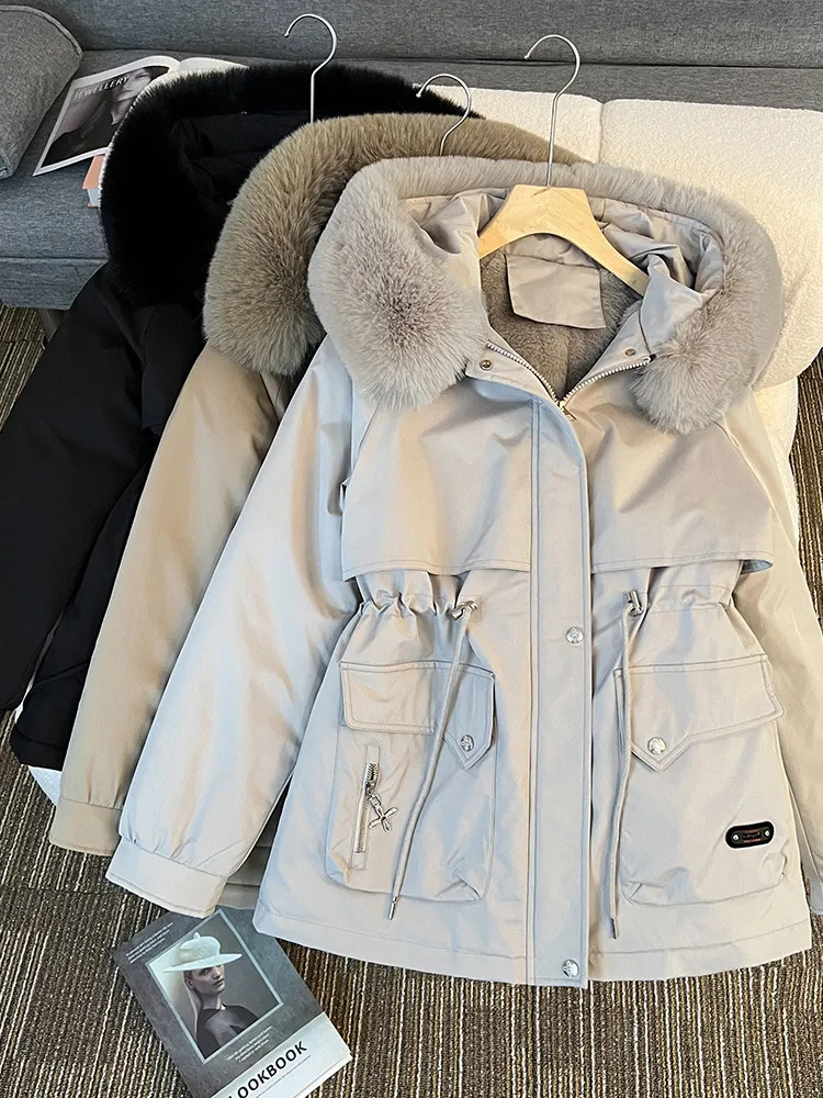 Fur Collar Fashionable All-matching Jacket Hooded Warm Cotton-padded Coat - White