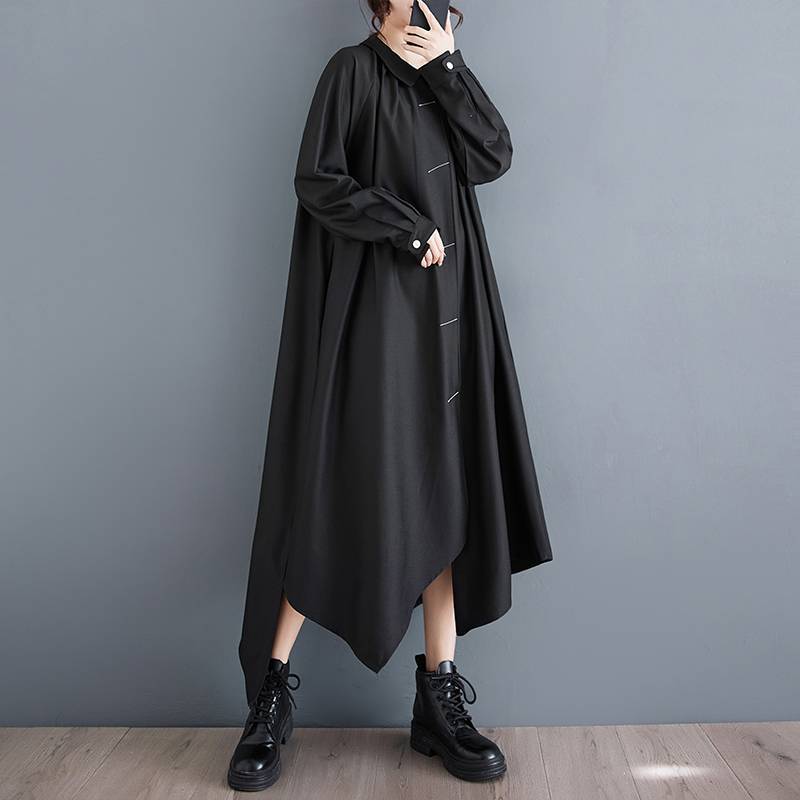 Korean Style Dark Black Bright Line Fashion Back Buttoned Dress