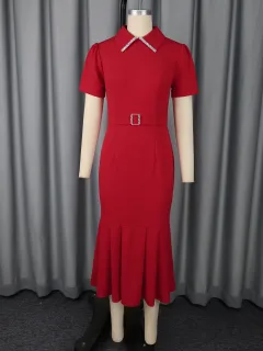 European And American Elegant Fashion Style Lapel Short Sleeve Dress - Red - View 1