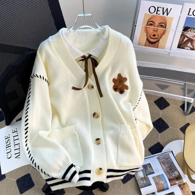 Japanese Bear College Style Soft Glutinous Sweater Women's Coat Beige - Shop at LoveMi