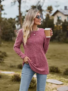 Autumn Women Round Neck Brushed Sunken Stripe Solid Color Upper Clothes Long Sleeves T-shirt - Red - View 1