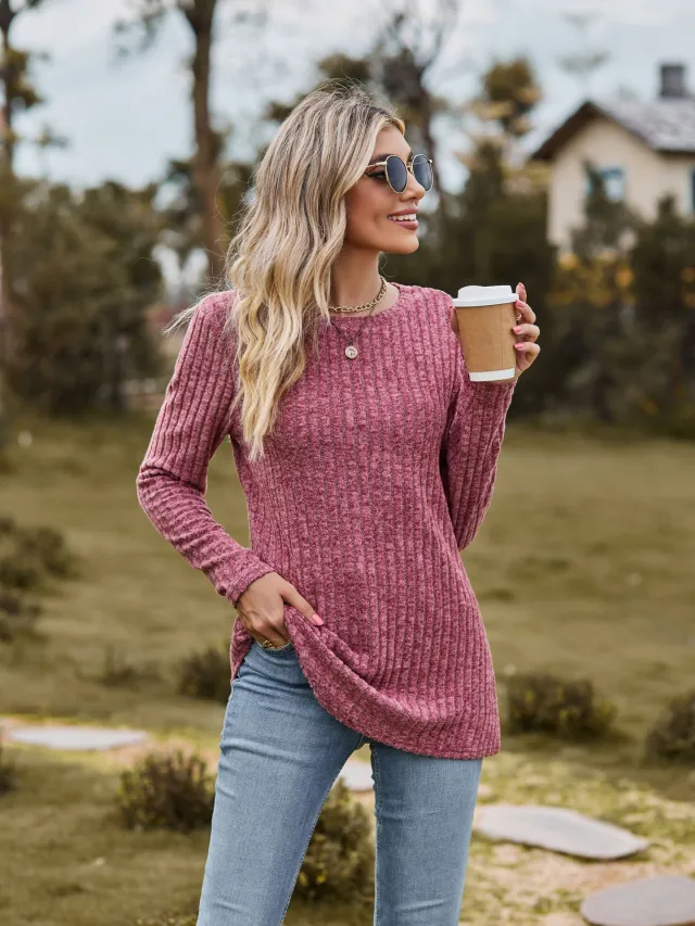 Autumn Women Round Neck Brushed Sunken Stripe Solid Color Upper Clothes Long Sleeves T shirt Wine - Shop at LoveMi