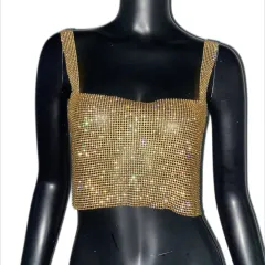 Women's Rhinestone Camisole Carnival Super Shiny Metal Rhinestone Top - Gold - View 1