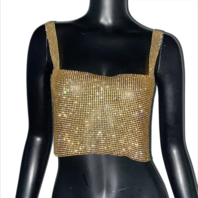 Women's Rhinestone Camisole Carnival Super Shiny Metal Rhinestone Top Gold - Shop at LoveMi