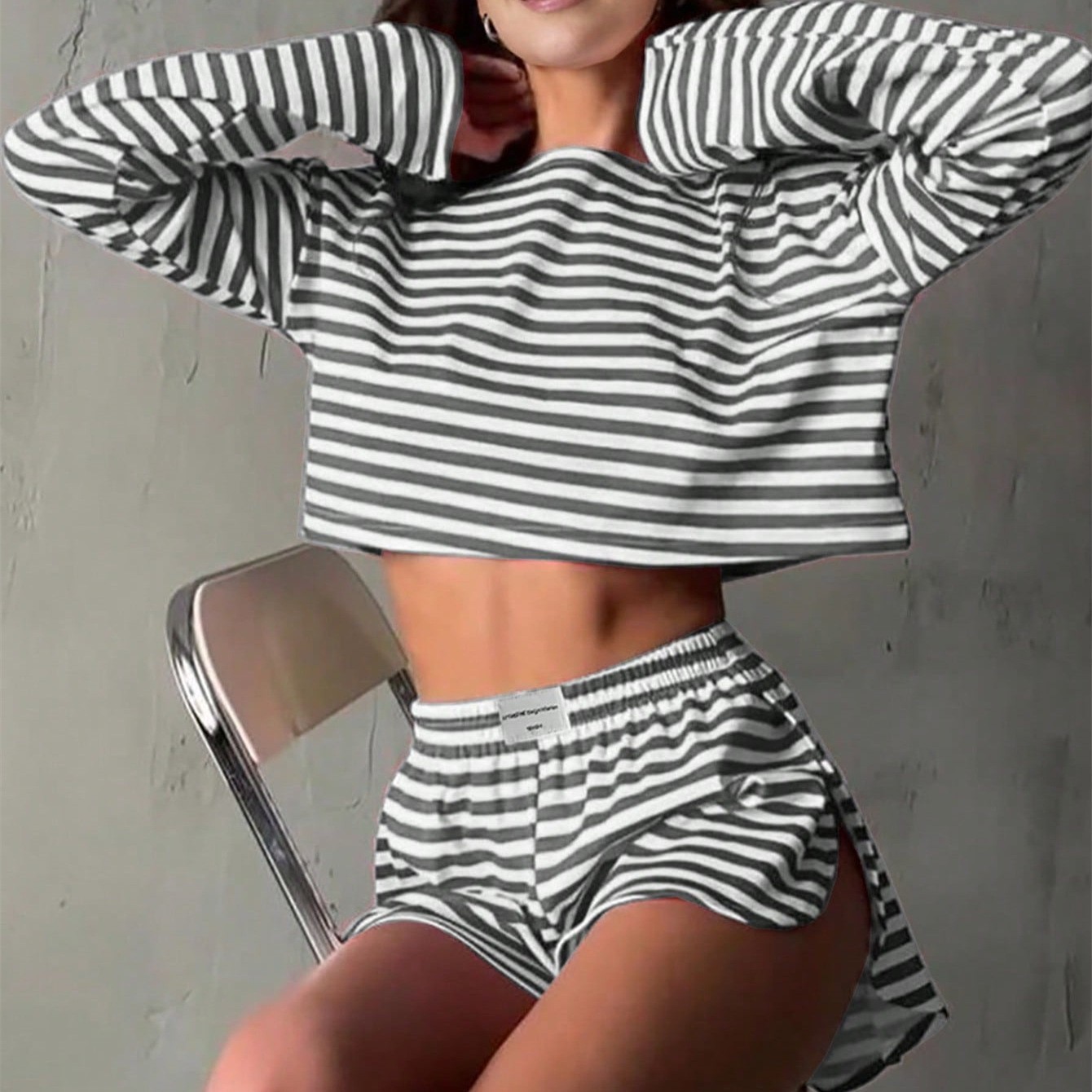 Comfortable And Stylish Knitted Striped Long-sleeve Pajama Set With Shorts 8