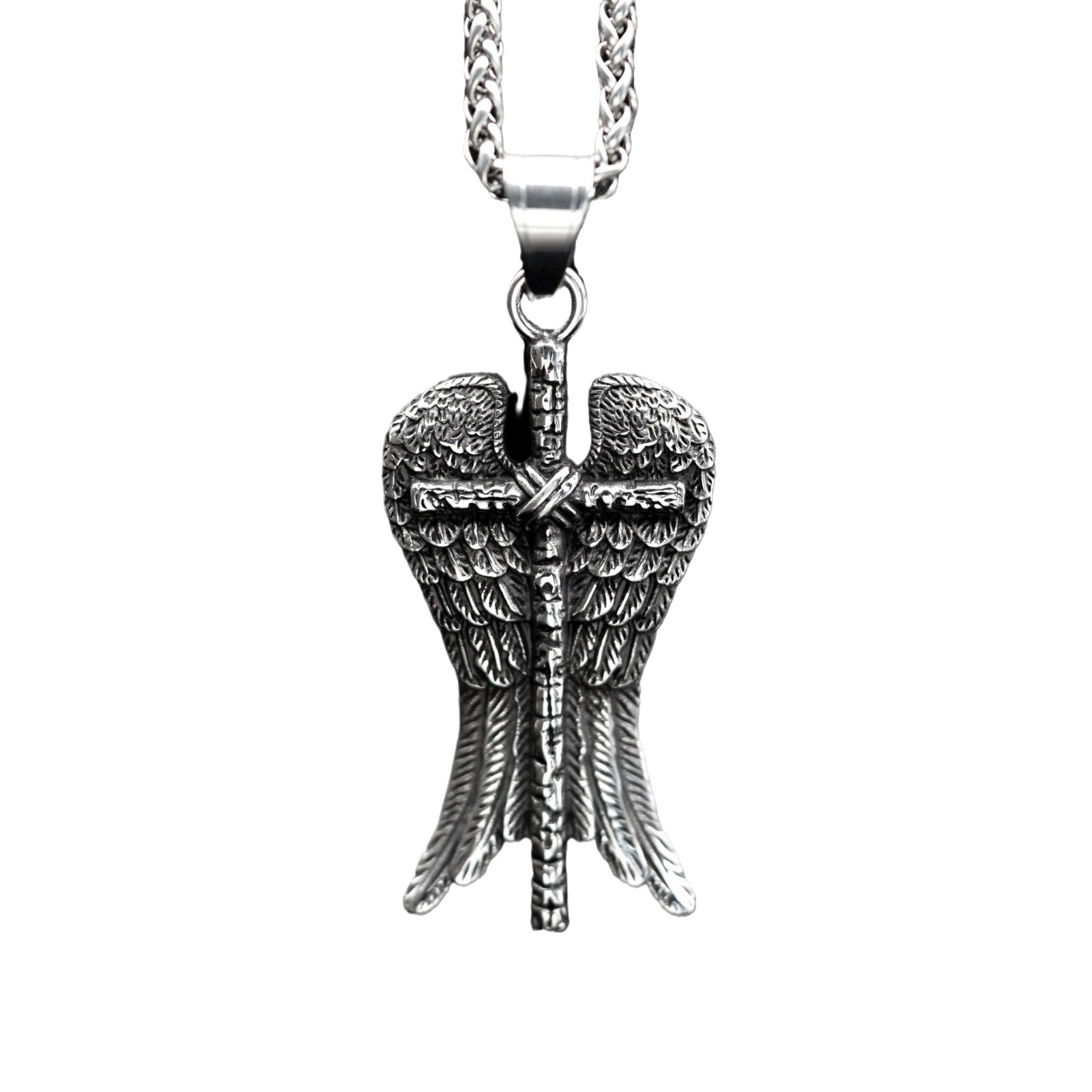 Domineering Men's Stainless Steel Vintage Angel Wings Pendant Necklace