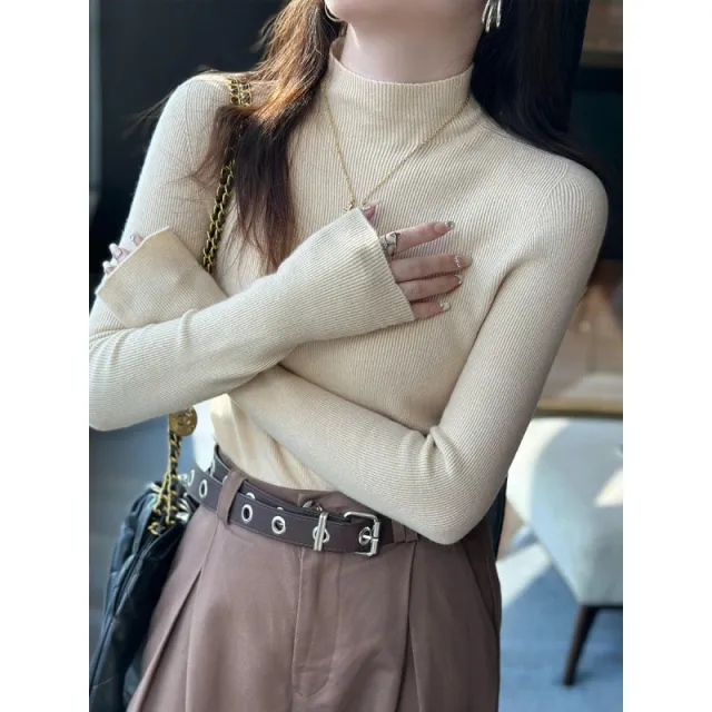 Inner High grade Gray Mock Neck Sweater Mid collar Knitted Top Apricot - Shop at LoveMi