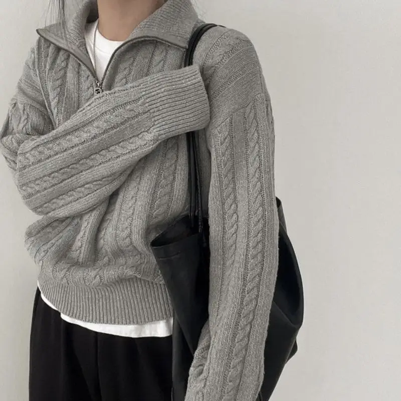 Retro Design Cable-knit Pullover Korean Style Zipper Casual Long Sleeve Pullover Top