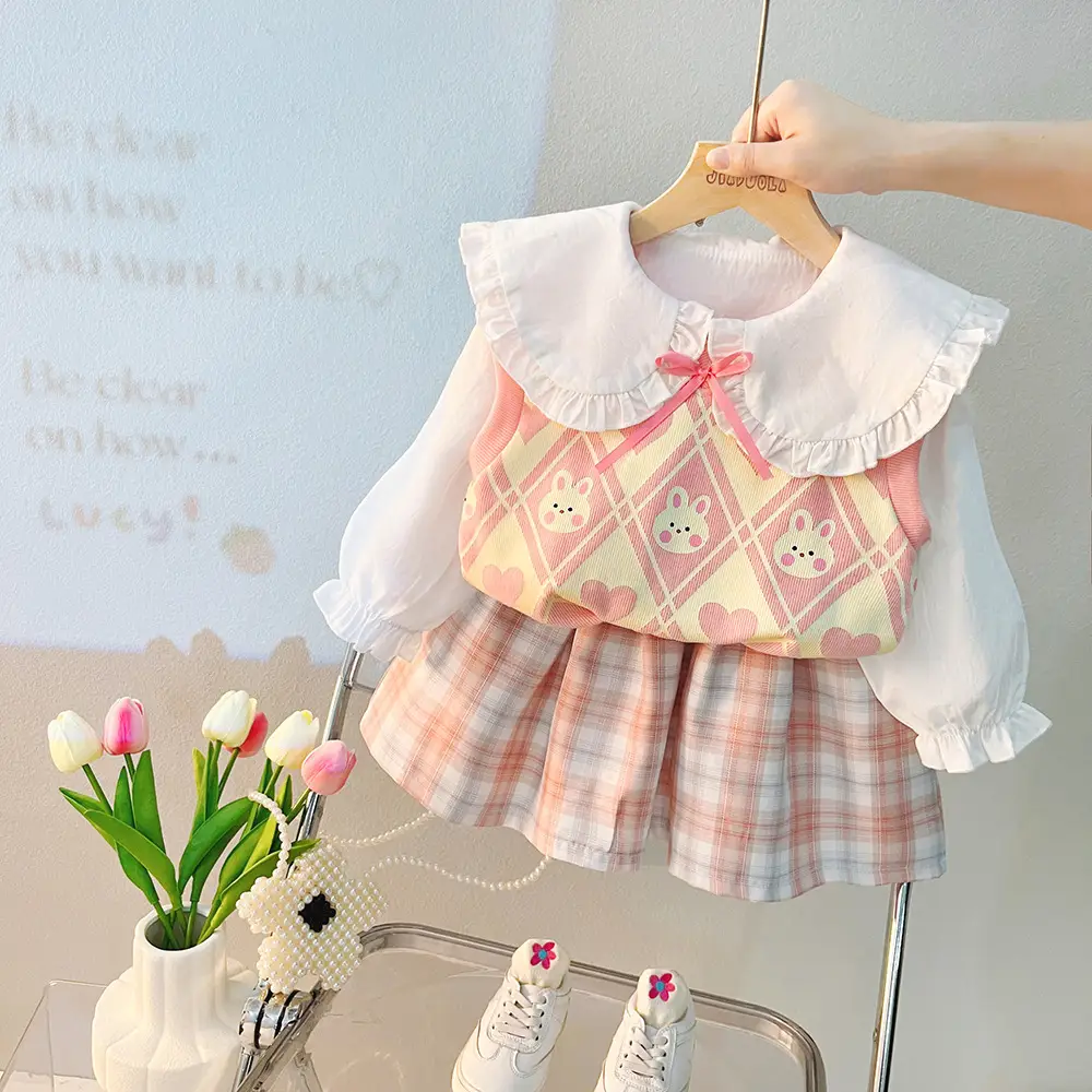 Autumn College Style Girls' Sweater Vest Vest Shirt Three-piece Set