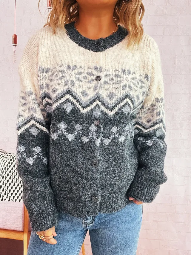 Vintage Snowflake Jacquard Contrast Color Round Neck Single breasted Christmas Sweater Dark Gray - Shop at LoveMi