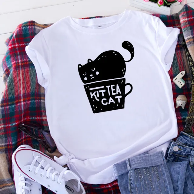 Casual KIT TEA CAT Printed Round Neck Plus Size Short Sleeve White And Black - Shop at LoveMi