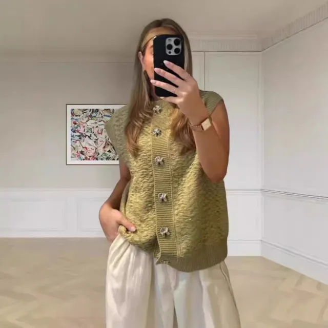 Women's Green Button Versatile Round Neck Sleeveless Knit Vest Green - Shop at LoveMi